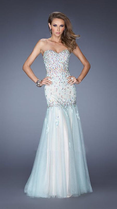 GiGi - Special Embellished Strapless Trumpet Dress 20220 In Blue and Nude