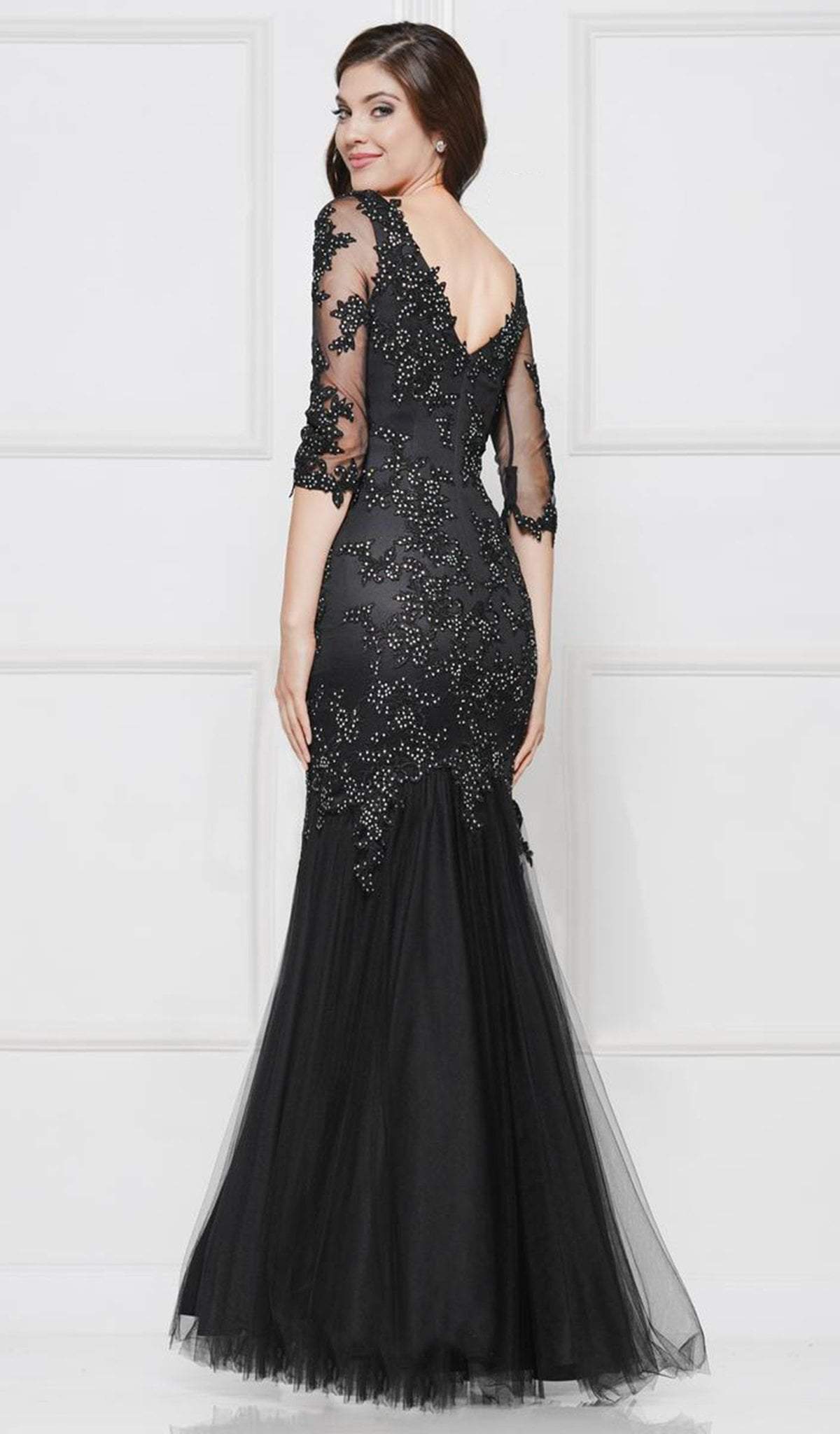 Glow by Colors - G290SL-1 Embellished Lace V-neck Trumpet Dress In Black