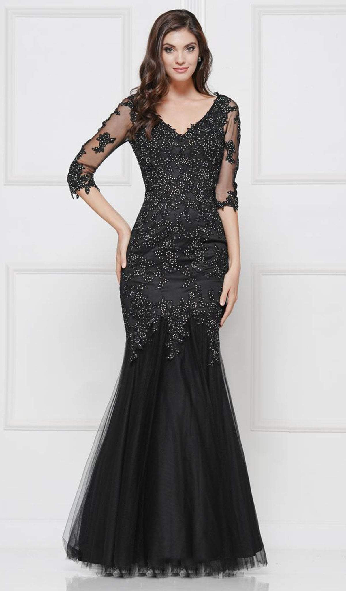 Glow by Colors - G290SL-1 Embellished Lace V-neck Trumpet Dress In Black