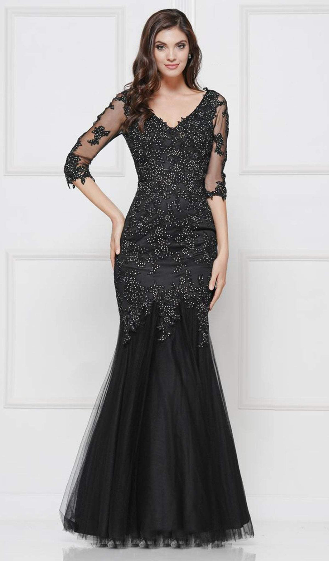 Glow by Colors - G290SL-1 Embellished Lace V-neck Trumpet Dress In Black