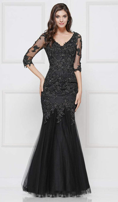 Glow by Colors - G290SL-1 Embellished Lace V-neck Trumpet Dress In Black