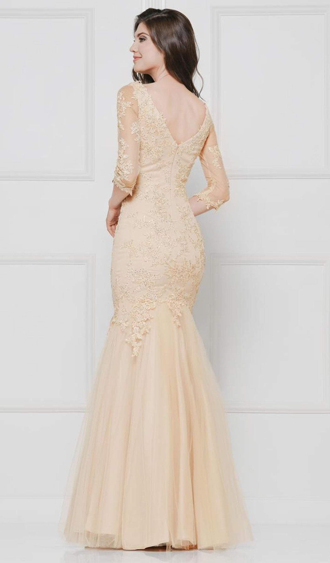 Glow by Colors - G290SL-1 Embellished Lace V-neck Trumpet Dress In Neutral