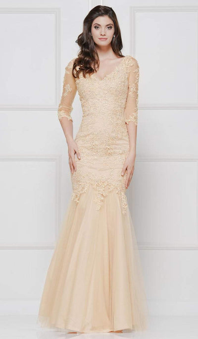 Glow by Colors - G290SL-1 Embellished Lace V-neck Trumpet Dress In Neutral
