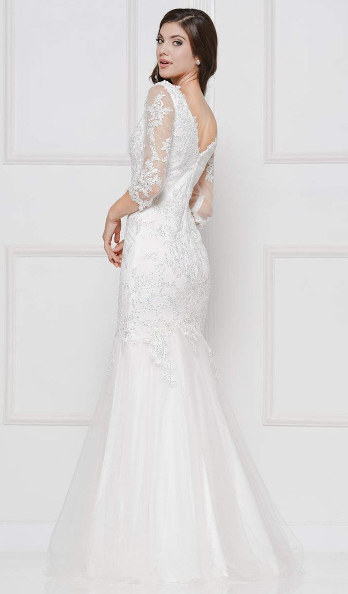 Glow by Colors - G290SL-1 Embellished Lace V-neck Trumpet Dress In White