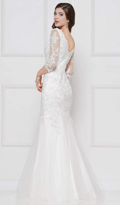 Glow by Colors - G290SL-1 Embellished Lace V-neck Trumpet Dress In White