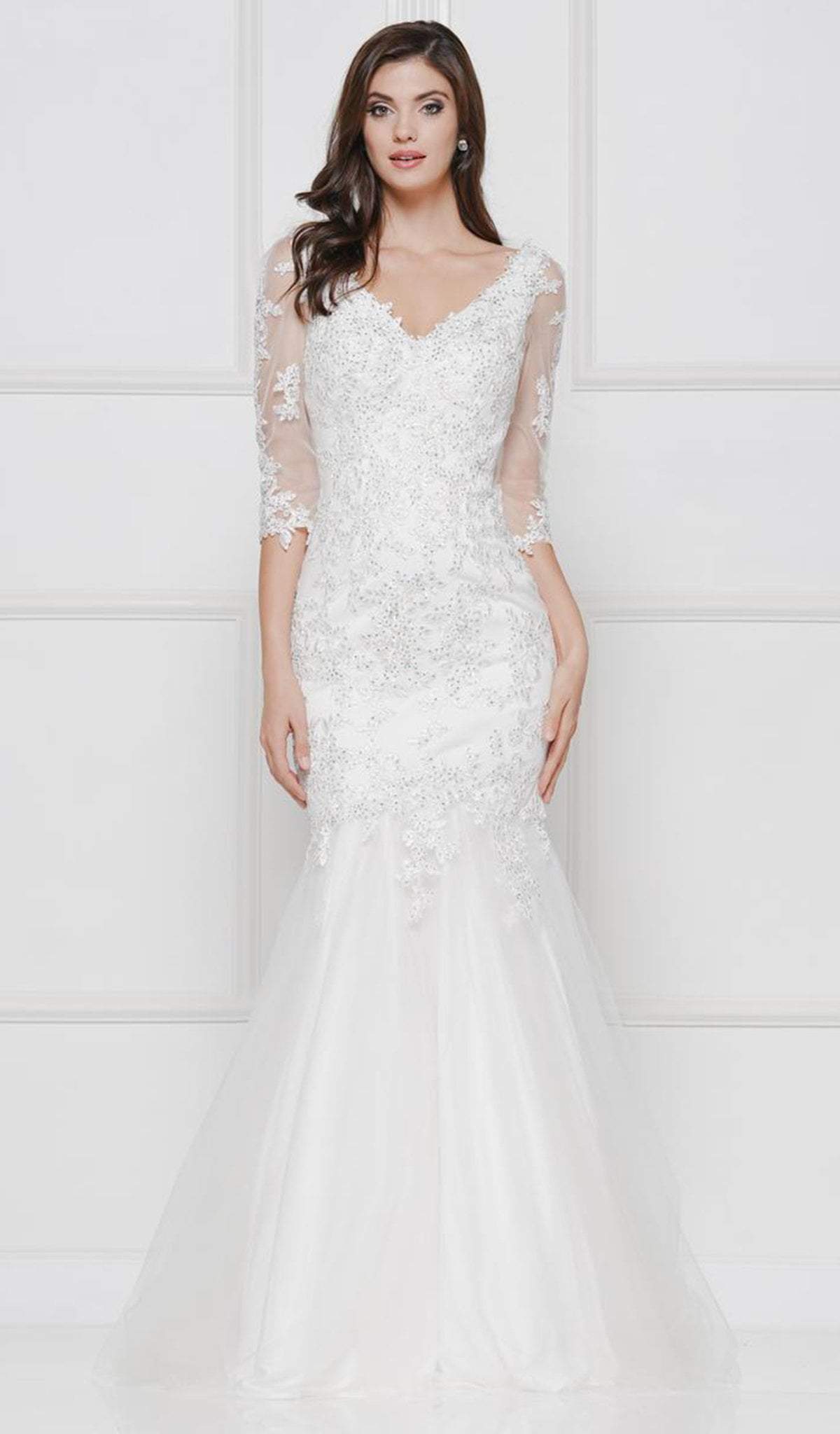 Glow by Colors - G290SL-1 Embellished Lace V-neck Trumpet Dress In White