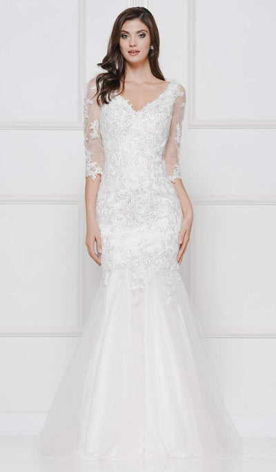 Glow by Colors - G290SL-1 Embellished Lace V-neck Trumpet Dress In White