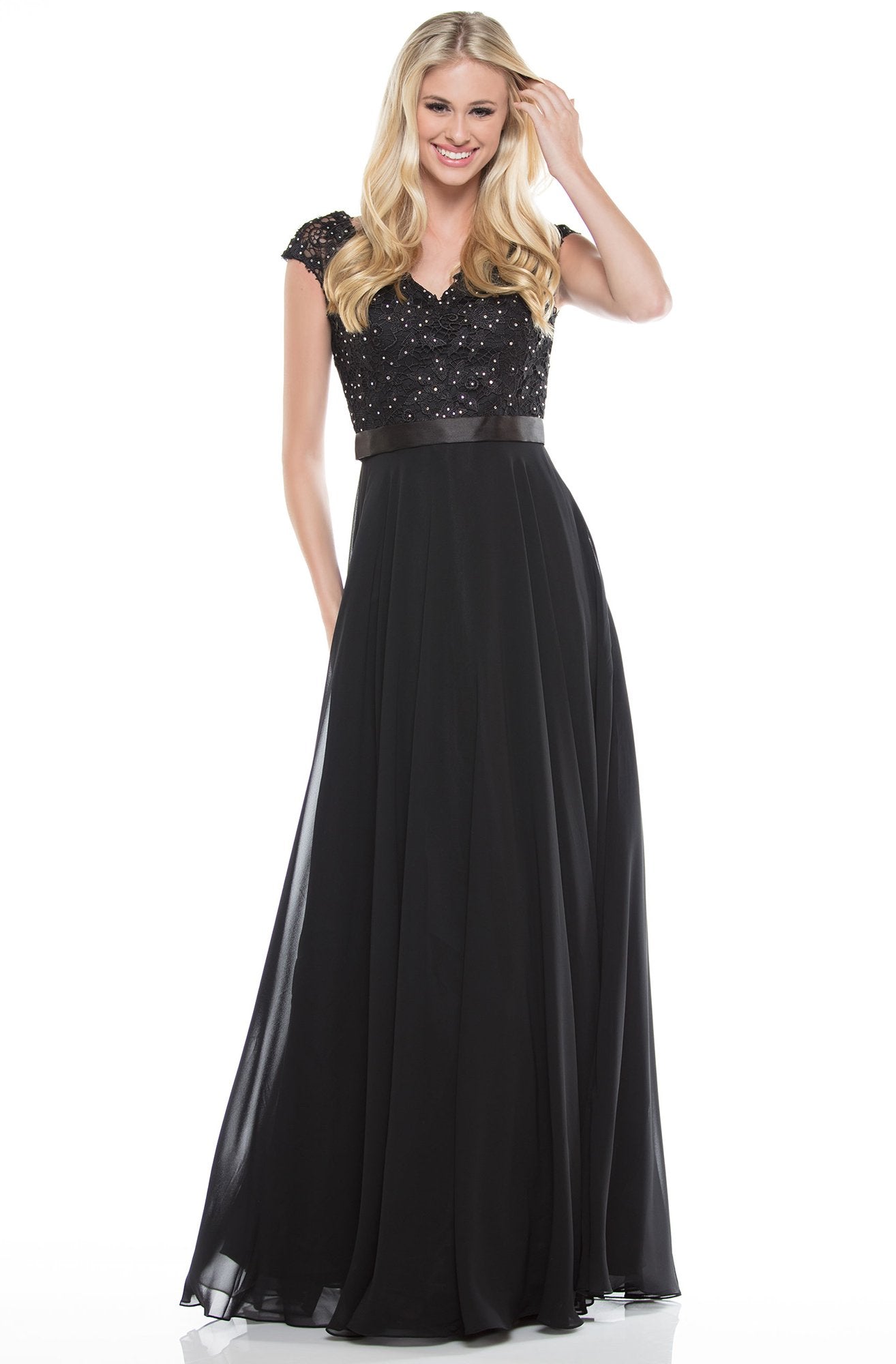 Glow by Colors - G318 V Neck Beaded Lace Chiffon Formal Dress In Black