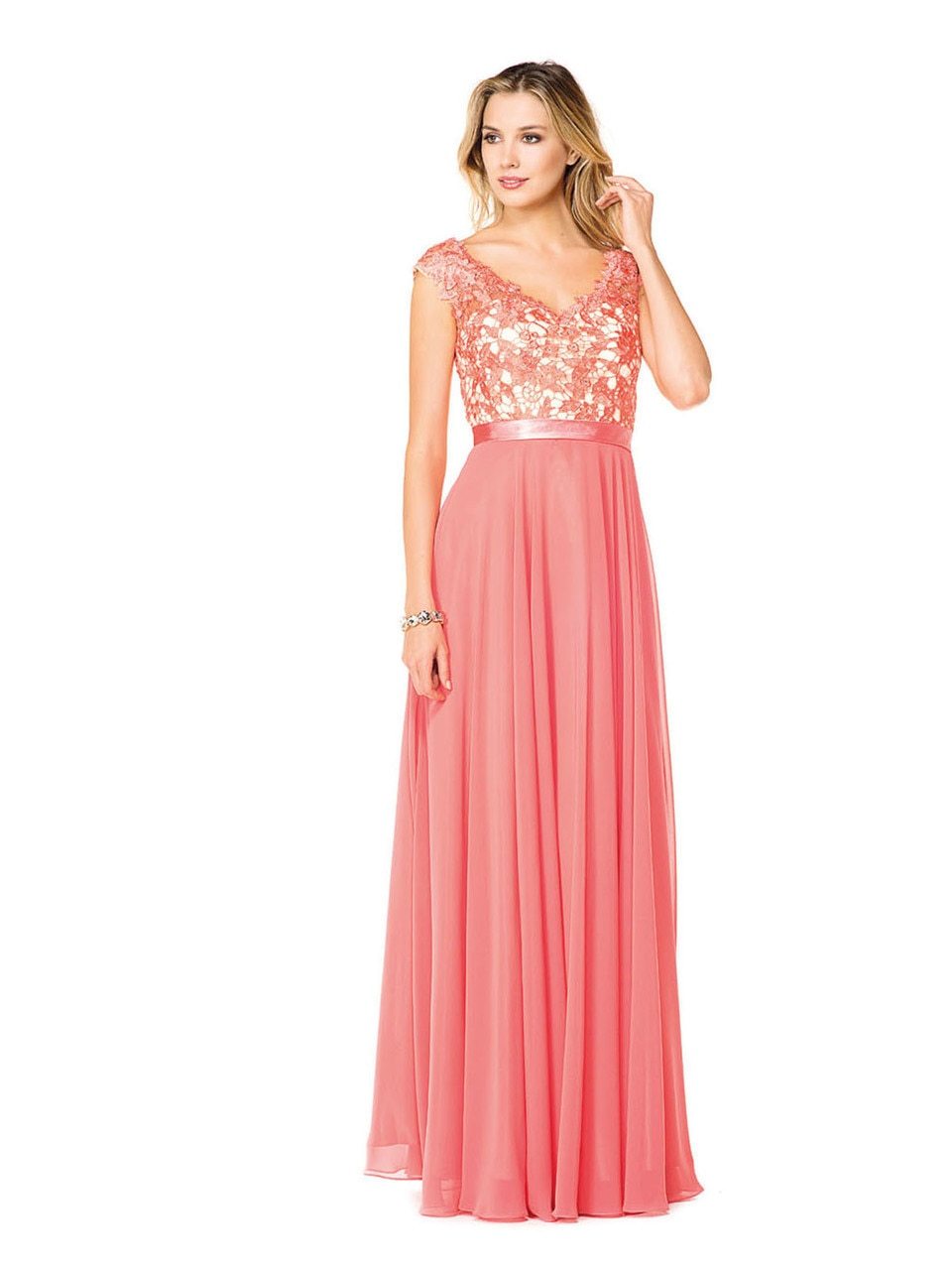 Glow by Colors - G318 V Neck Beaded Lace Chiffon Formal Dress In Orange