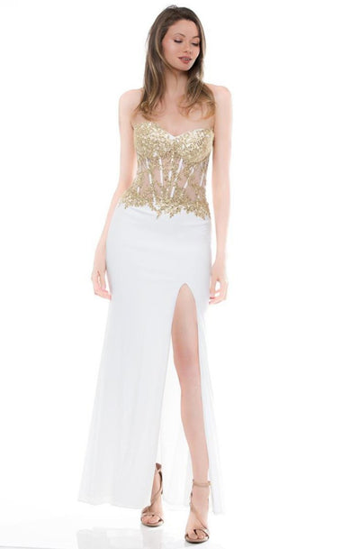 Glow by Colors - G379 Embellished Sweetheart Jersey Dress in White and Gold
