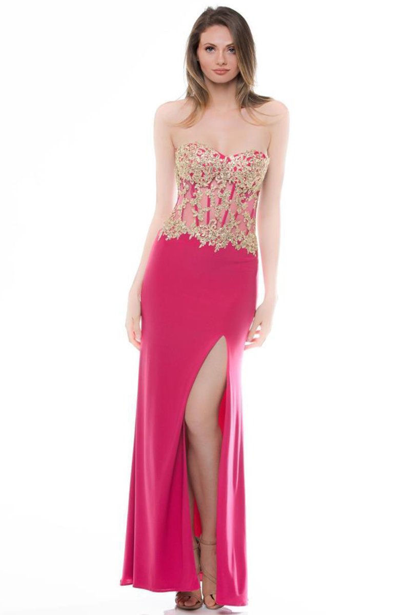 Glow by Colors - G379 Embellished Sweetheart Jersey Dress in Pink and Gold