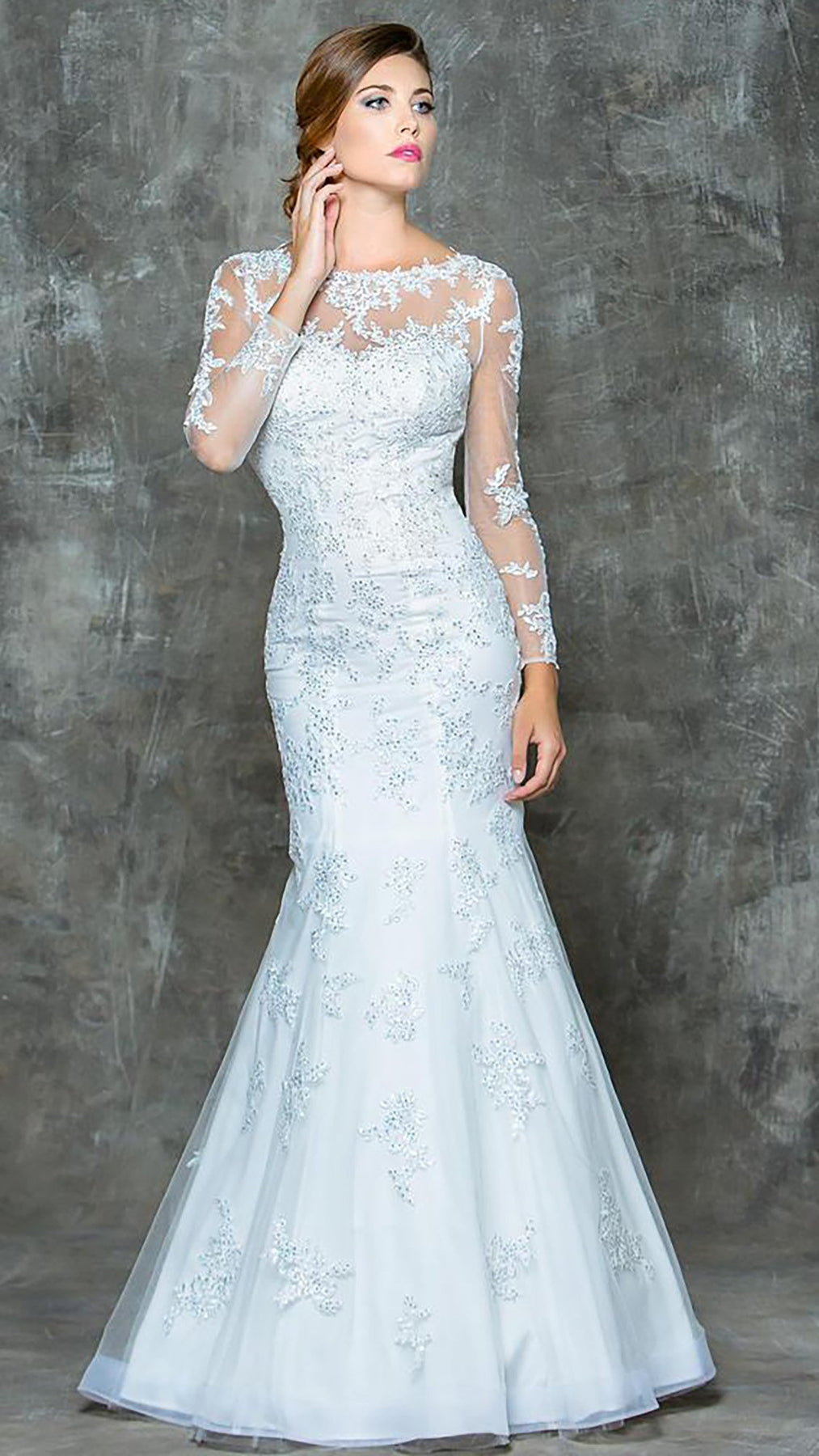 Colors Dress - G665 Long Sleeve Lace Illusion Mermaid Gown  in Gray