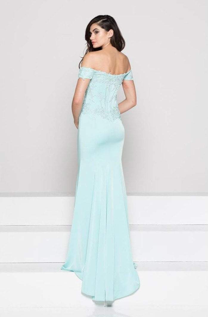 Glow by Colors Off Shoulder Lace Corset Long Gown in Aqua