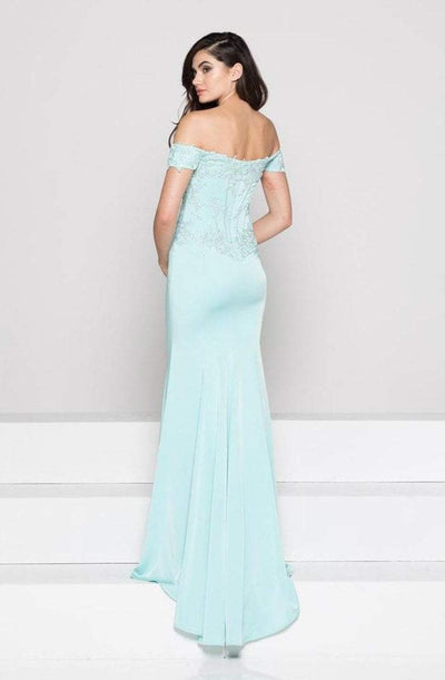 Glow by Colors Off Shoulder Lace Corset Long Gown in Aqua