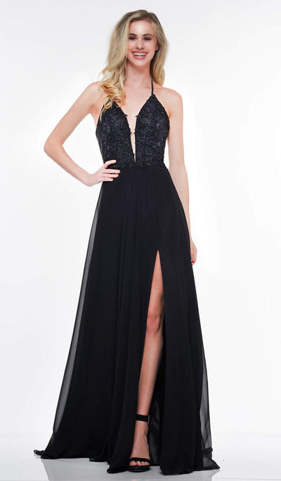 Glow by Colors - G821 Applique Deep V-neck Chiffon A-line Dress In Black