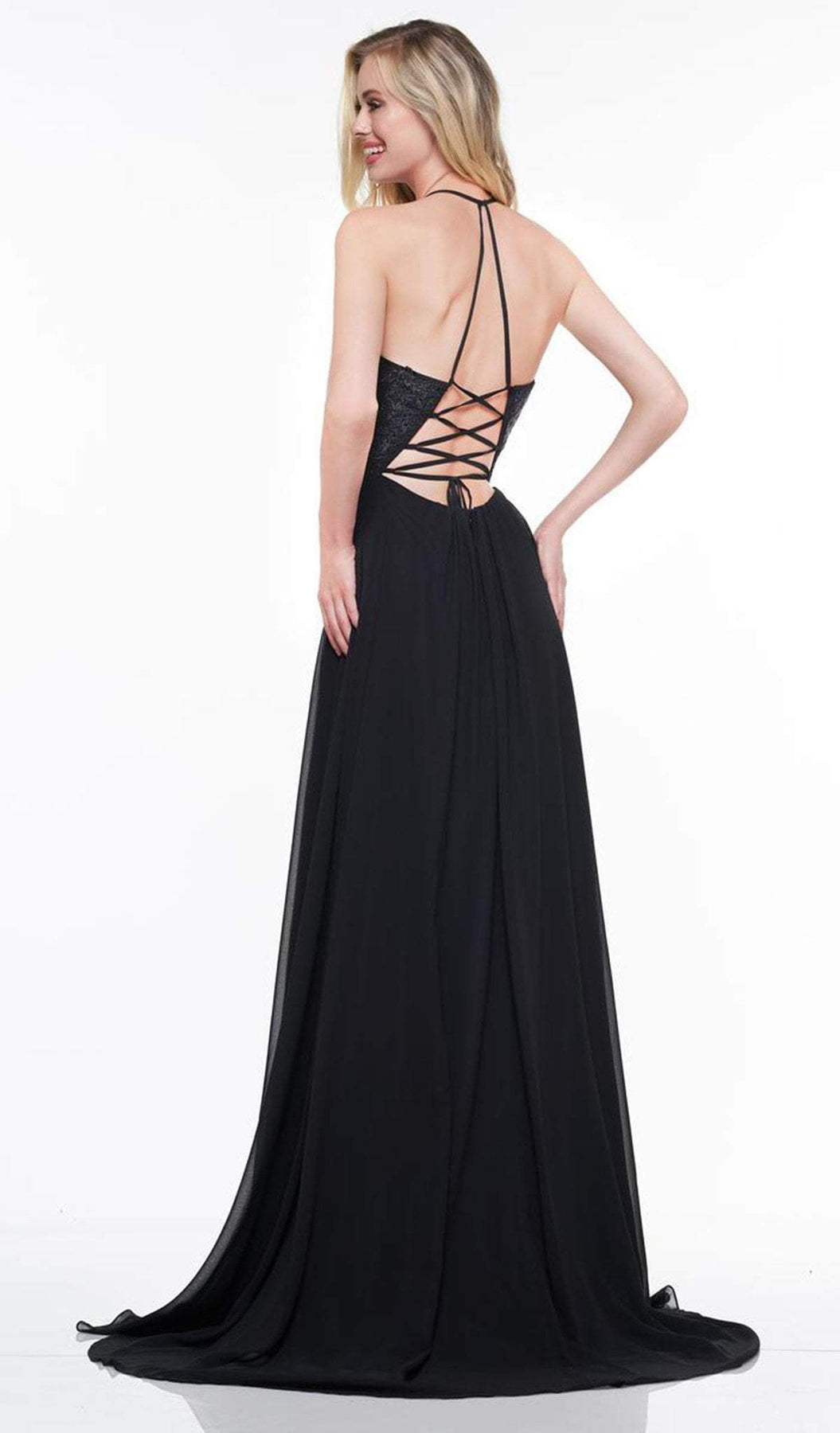 Glow by Colors - G821 Applique Deep V-neck Chiffon A-line Dress In Black