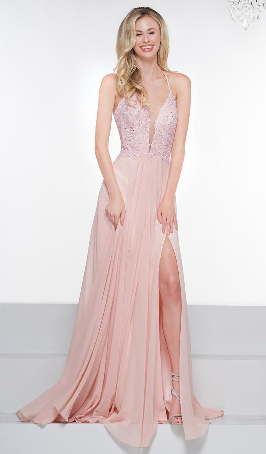 Glow by Colors - G821 Applique Deep V-neck Chiffon A-line Dress In Pink