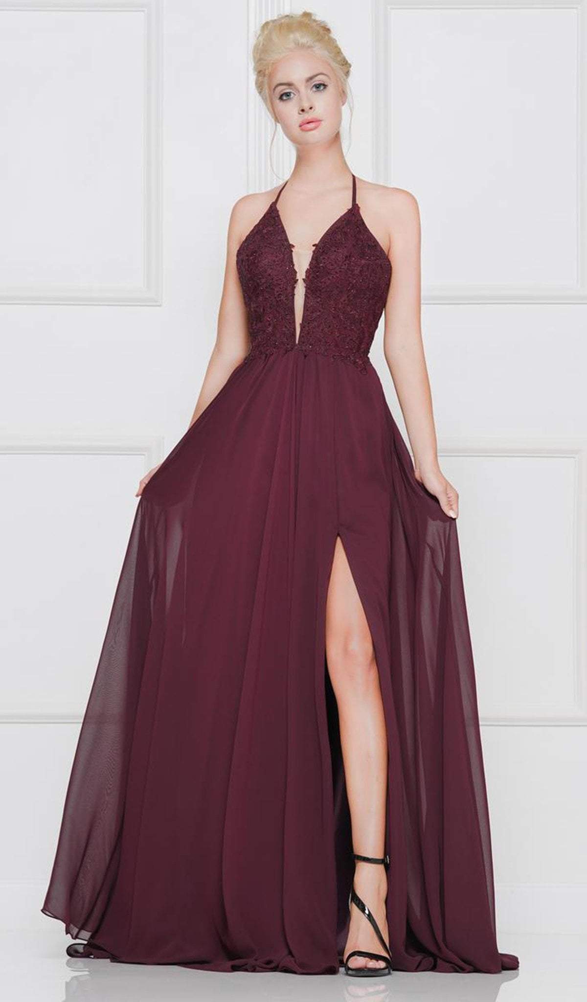 Glow by Colors - G821 Applique Deep V-neck Chiffon A-line Dress In Red