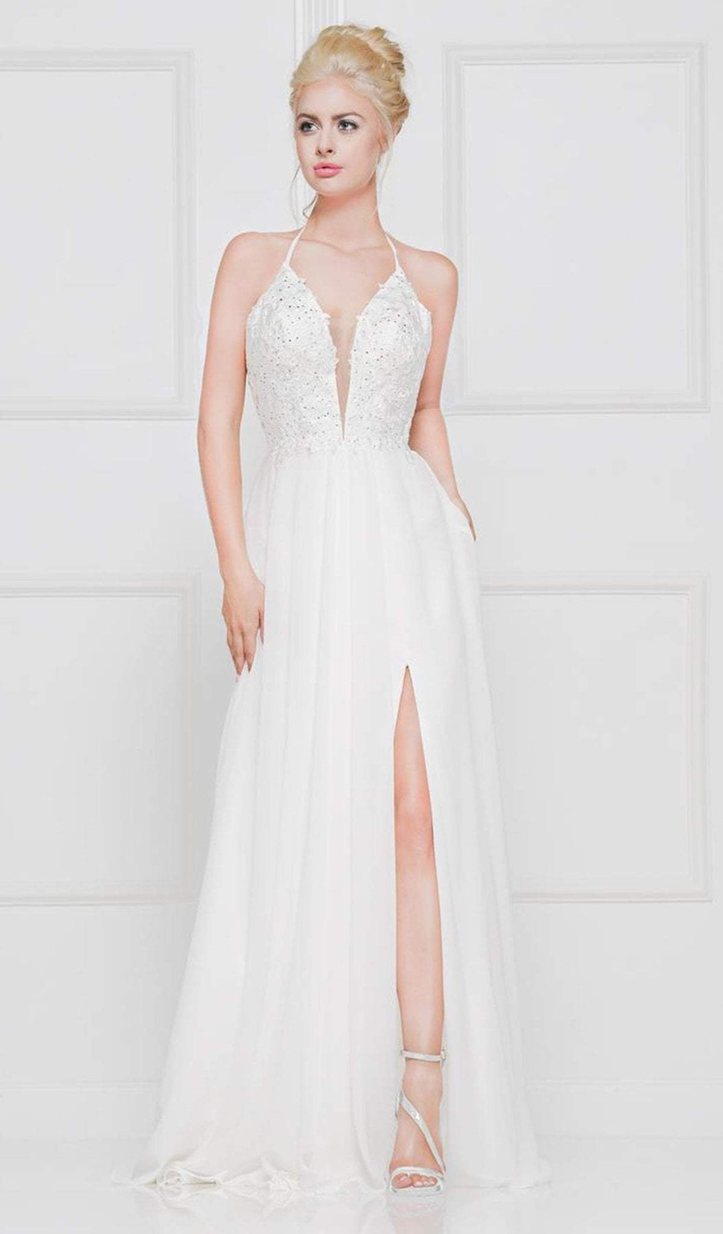Glow by Colors - G821 Applique Deep V-neck Chiffon A-line Dress In White