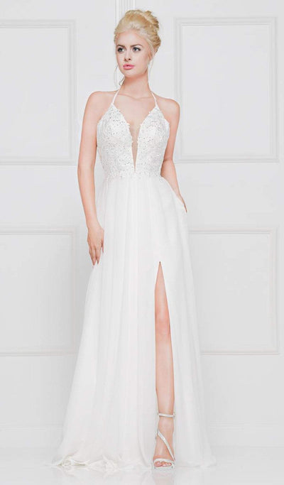 Glow by Colors - G821 Applique Deep V-neck Chiffon A-line Dress In White