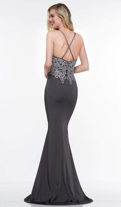 Glow by Colors - G823 Gold Lace Applique Sleeveless Faille Gown In Nude and Gray