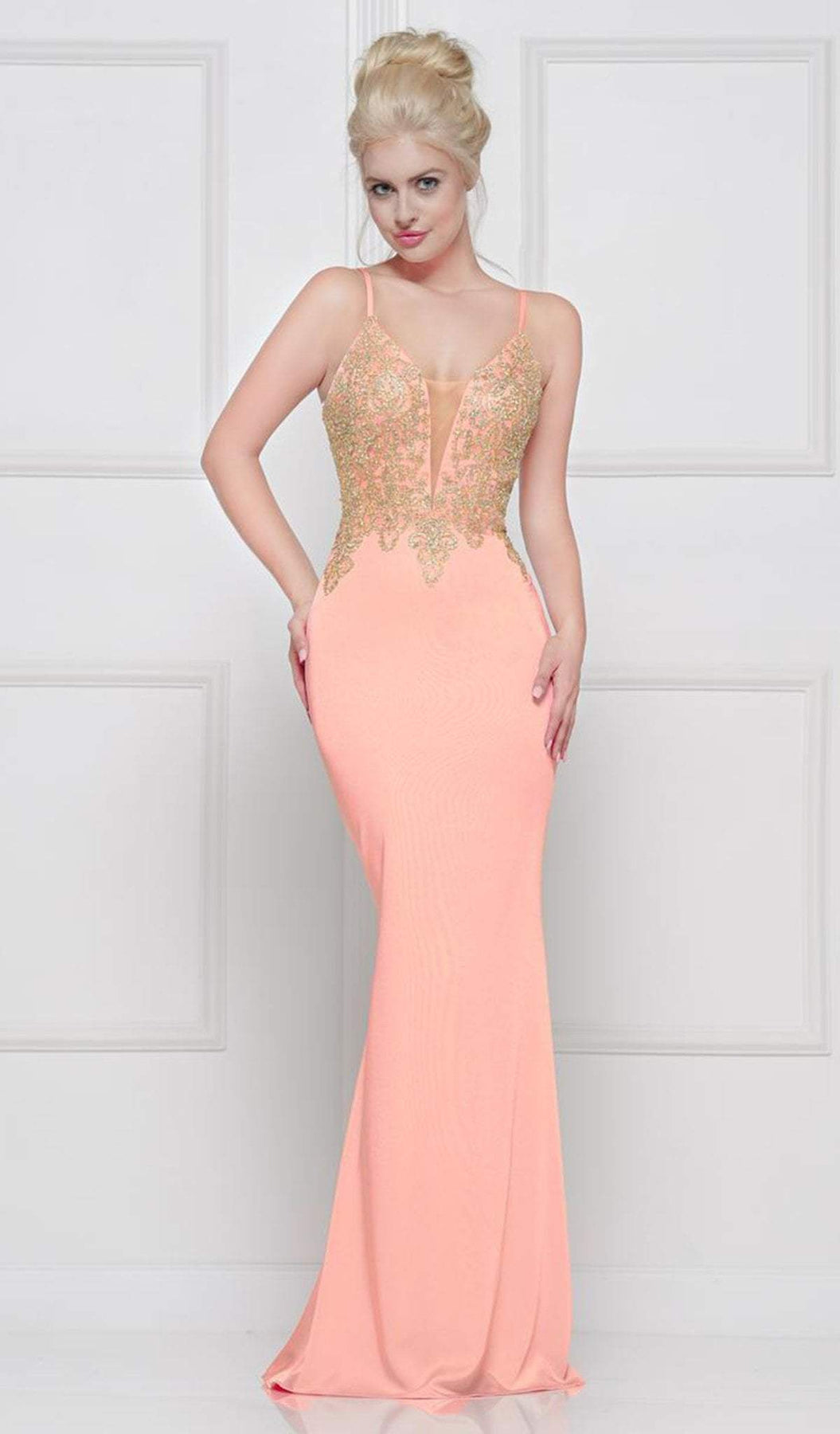 Glow by Colors - G823 Gold Lace Applique Sleeveless Faille Gown In Orange
