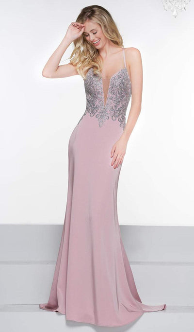 Glow by Colors - G823 Gold Lace Applique Sleeveless Faille Gown In Nude and Purple