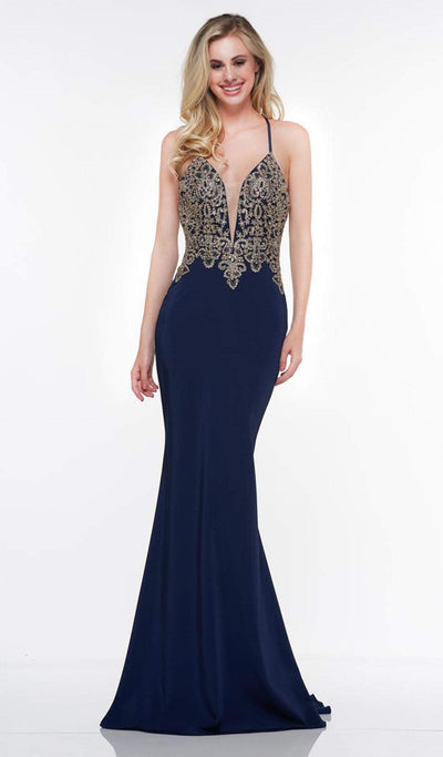 Glow by Colors - G823 Gold Lace Applique Sleeveless Faille Gown In Blue