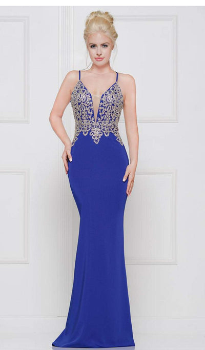 Glow by Colors - G823 Gold Lace Applique Sleeveless Faille Gown In Blue