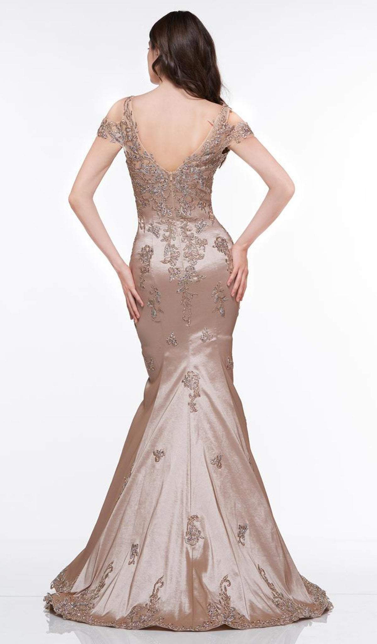 Glow by Colors - Cold Shoulders Beaded Trumpet Evening Gown G838S