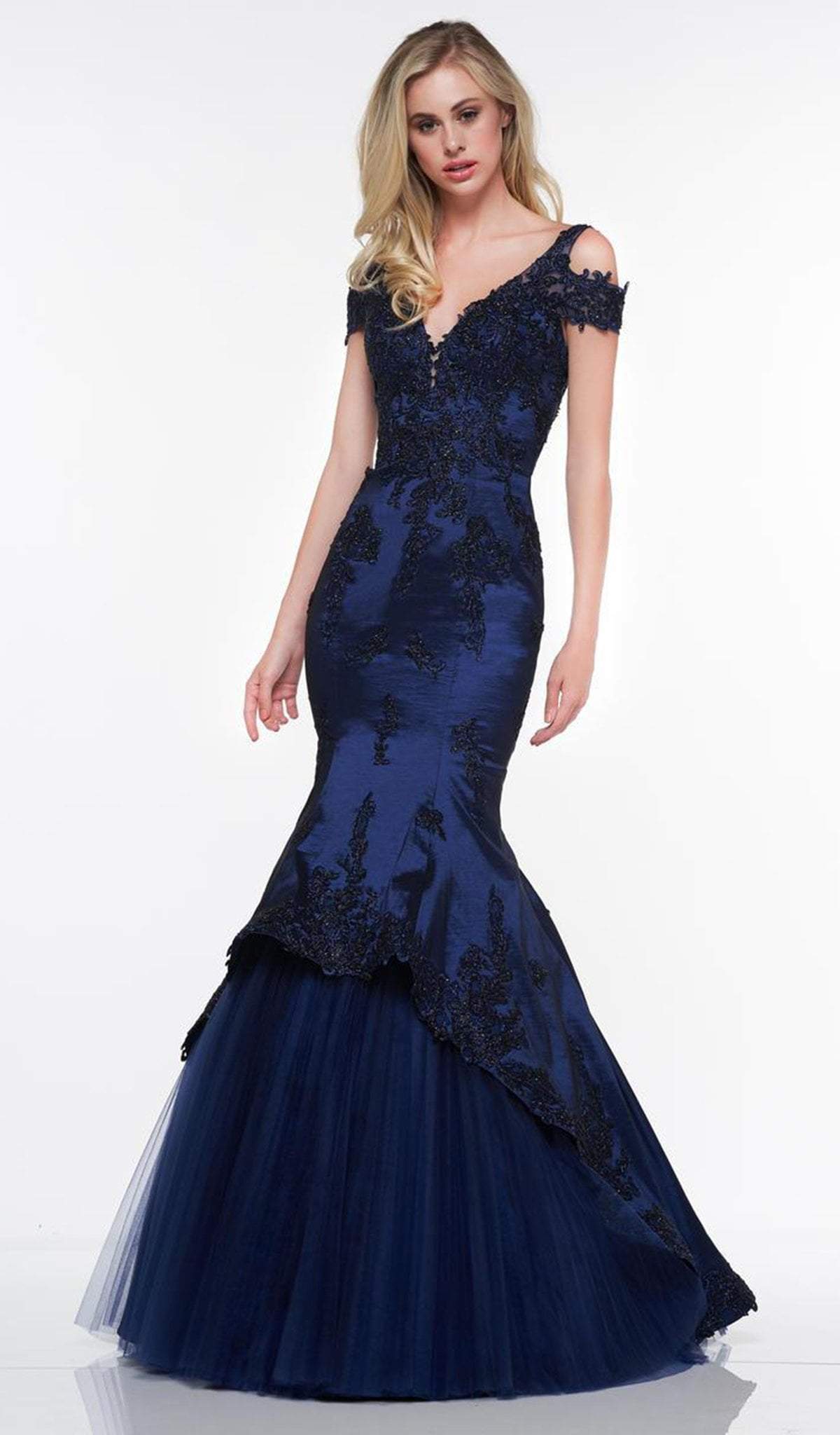 2019 Spring - Gold Bead Embellished V-Neck Trumpet Gown In Blue