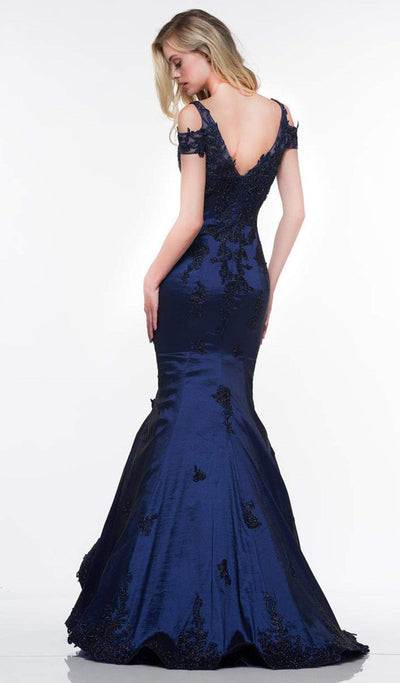 2019 Spring - Gold Bead Embellished V-Neck Trumpet Gown In Blue