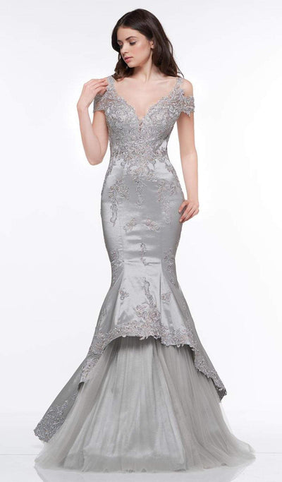 2019 Spring - Gold Bead Embellished V-Neck Trumpet Gown In Silver