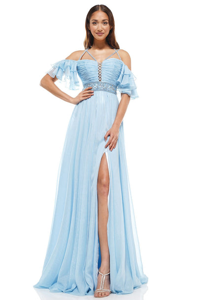 Glow Dress - G862 Off-Shoulder Ruffled Sleeves Column Dress In Blue