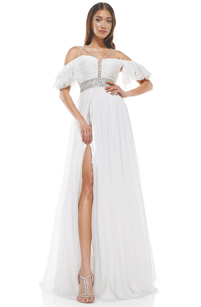 Glow Dress - G862 Off-Shoulder Ruffled Sleeves Column Dress In White