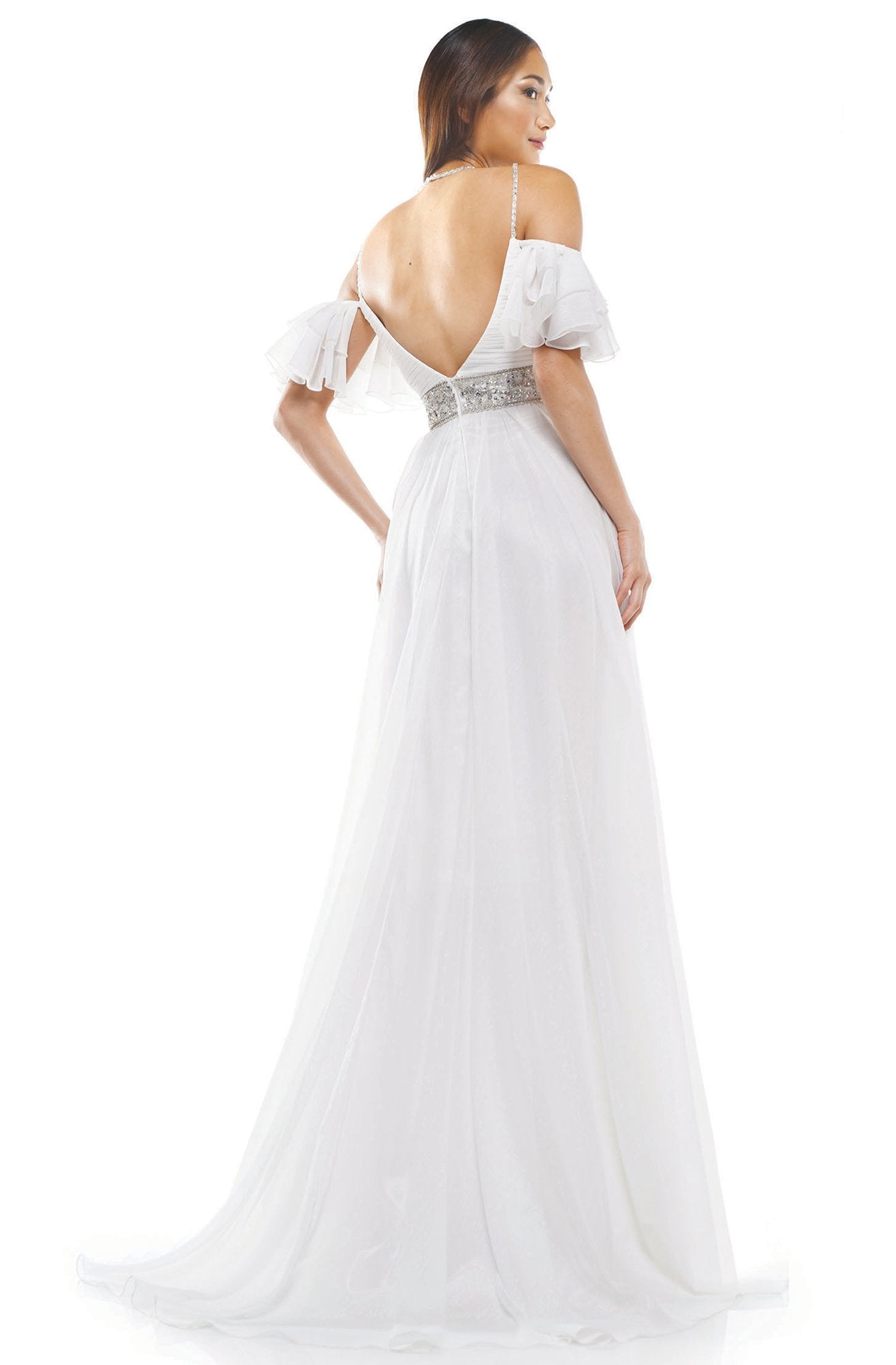 Glow Dress - G862 Off-Shoulder Ruffled Sleeves Column Dress In White