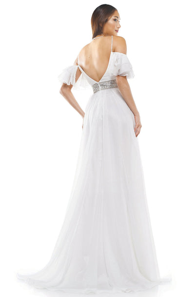 Glow Dress - G862 Off-Shoulder Ruffled Sleeves Column Dress In White