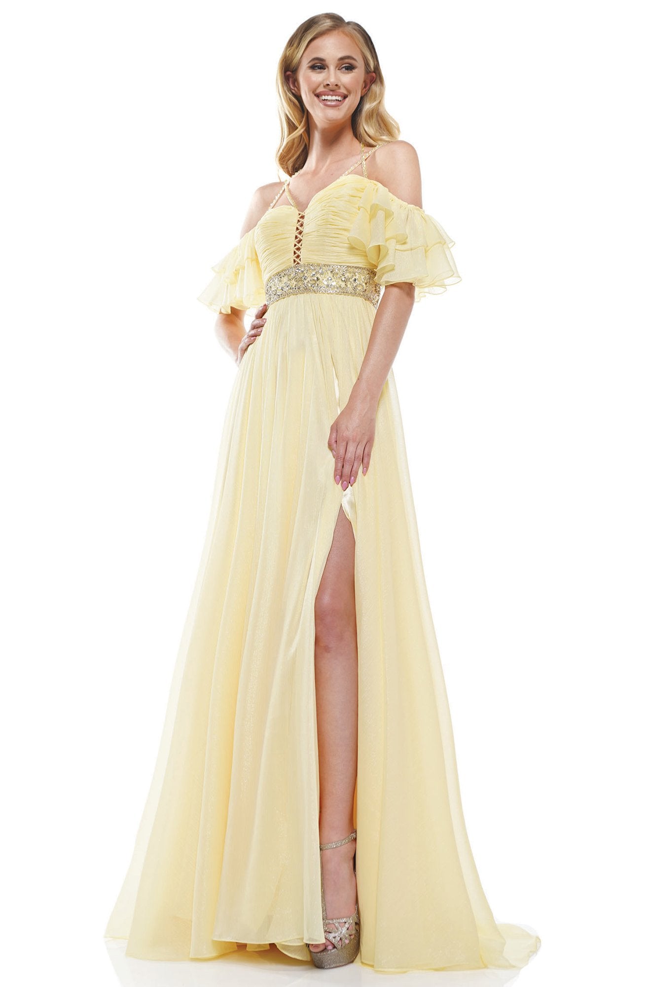 Glow Dress - G862 Off-Shoulder Ruffled Sleeves Column Dress In Yellow