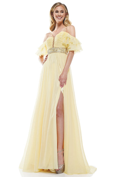 Glow Dress - G862 Off-Shoulder Ruffled Sleeves Column Dress In Yellow