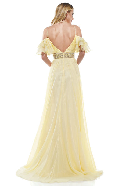 Glow Dress - G862 Off-Shoulder Ruffled Sleeves Column Dress In Yellow