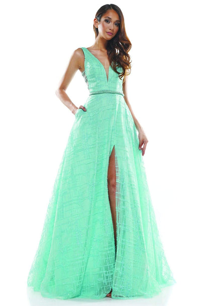 Glow Dress - G865 V-Neck Embellished Long A-line Dress Prom Dresses 2 / Aqua