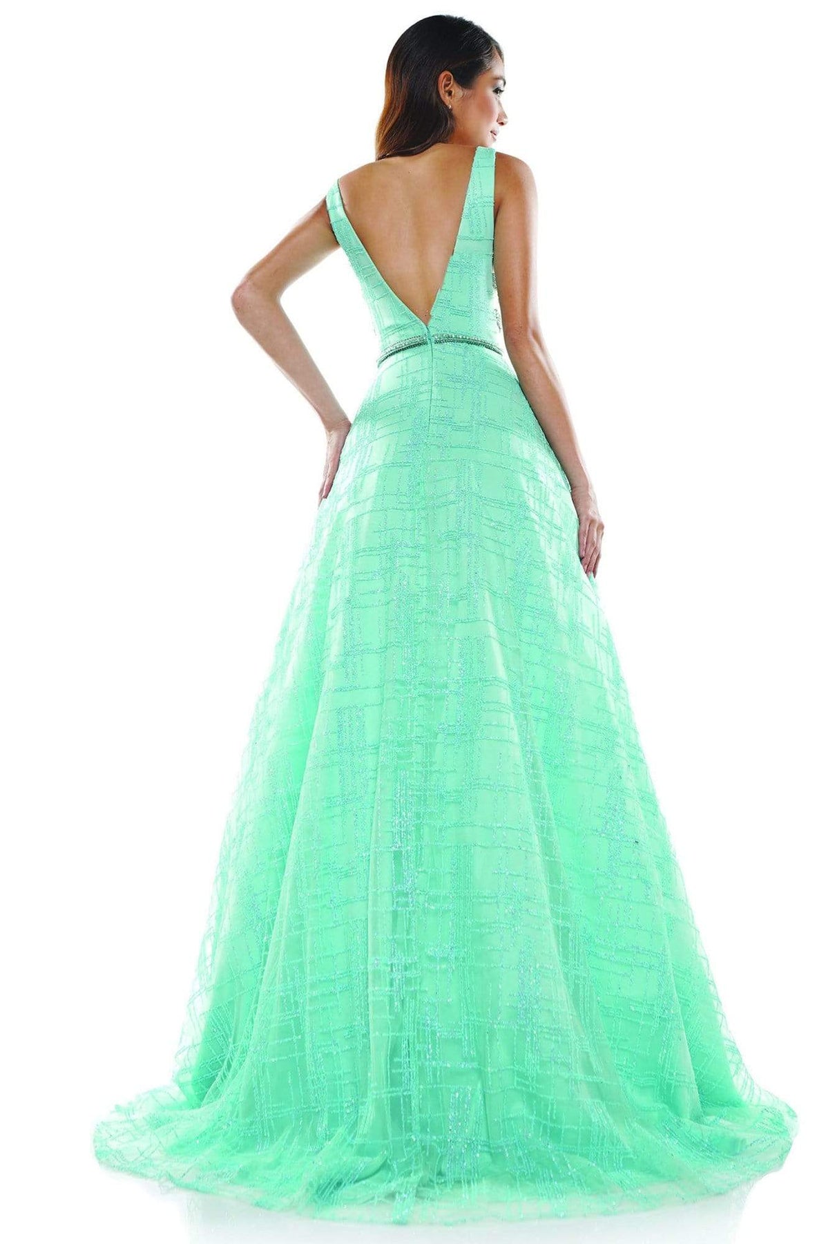 Glow Dress - G865 V-Neck Embellished Long A-line Dress Prom Dresses
