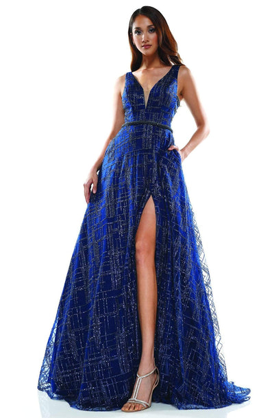 Glow Dress - G865 V-Neck Embellished Long A-line Dress Prom Dresses 2 / Navy