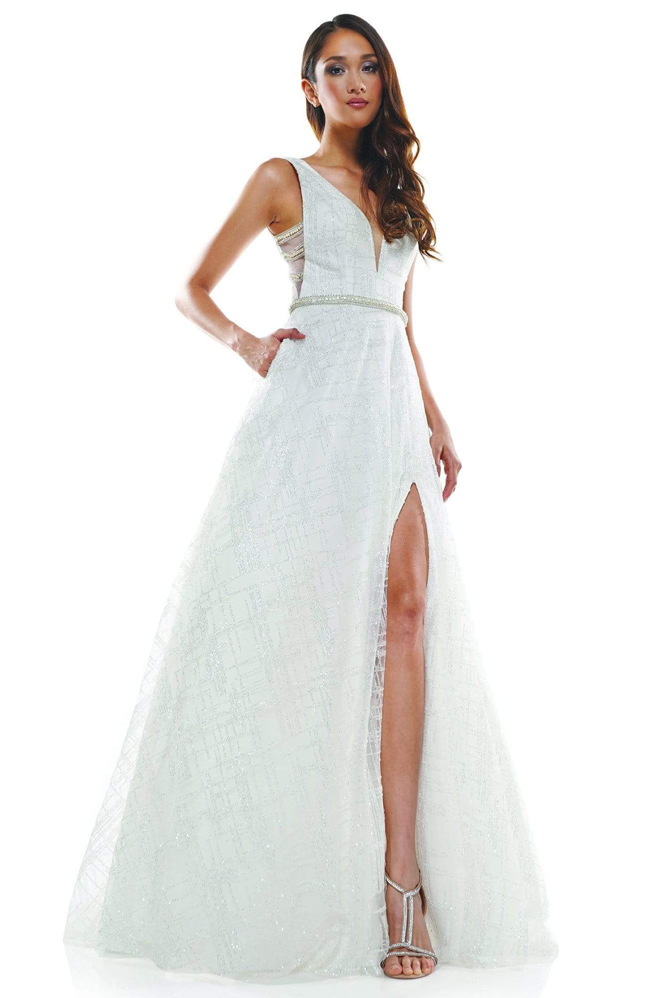 Glow Dress - G865 V-Neck Embellished Long A-line Dress Prom Dresses