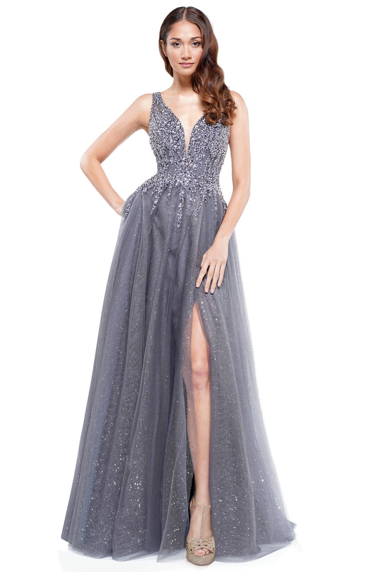 Glow Dress - G874 Glittered Skirt V-Neck A-line Dress In Gray