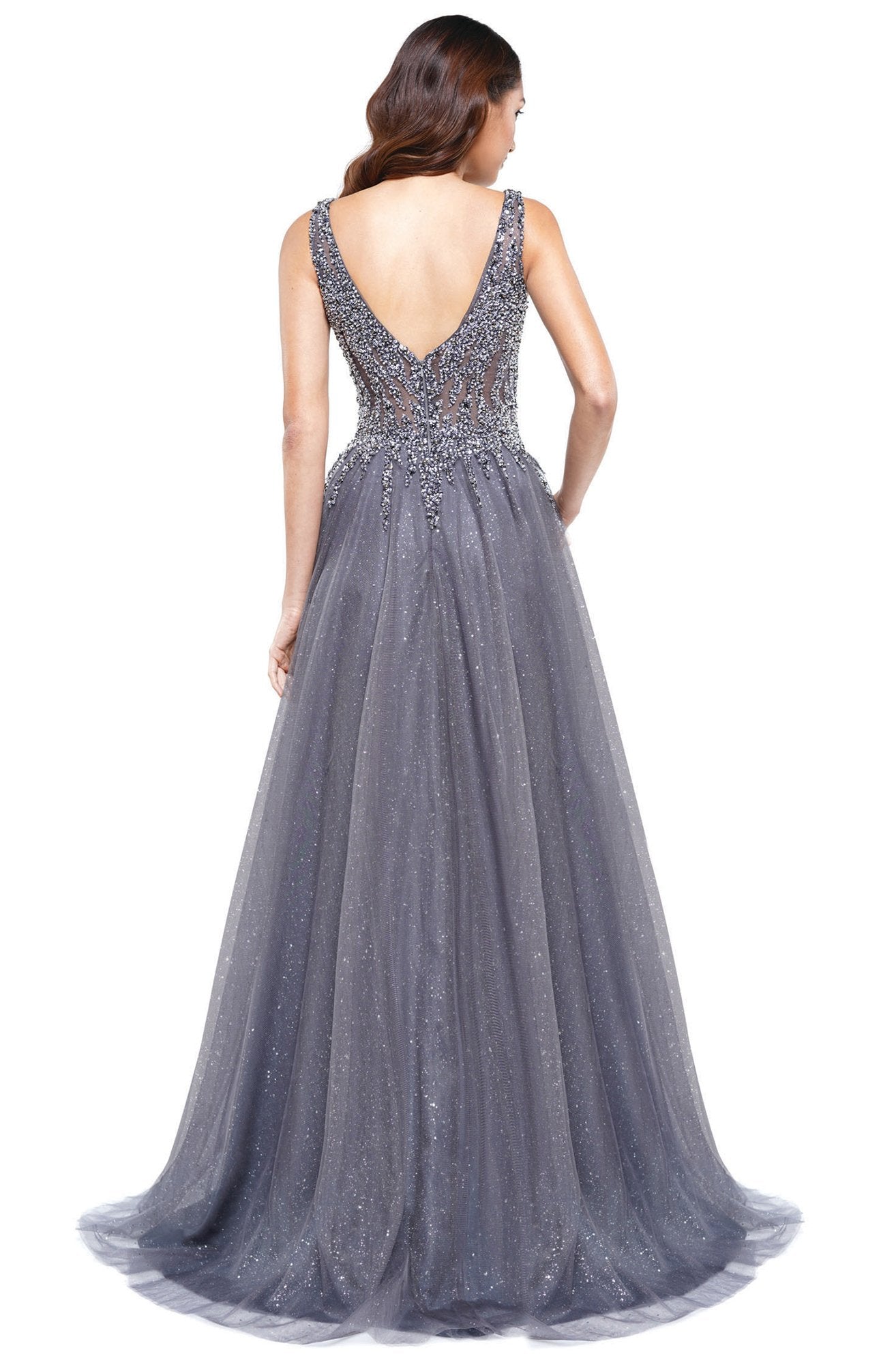 Glow Dress - G874 Glittered Skirt V-Neck A-line Dress In Gray