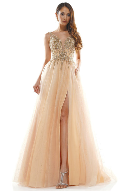 Glow Dress - G874 Glittered Skirt V-Neck A-line Dress In Neutral