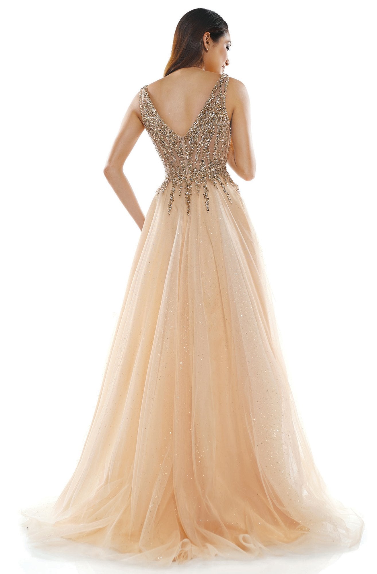 Glow Dress - G874 Glittered Skirt V-Neck A-line Dress In Neutral