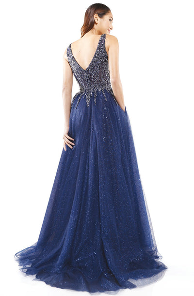 Glow Dress - G874 Glittered Skirt V-Neck A-line Dress In Blue