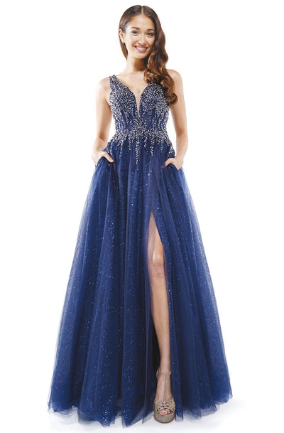 Glow Dress - G874 Glittered Skirt V-Neck A-line Dress In Blue